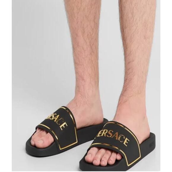 NEW VERSACE Logo Slides Gold/ Black Men's EU 43/ US 10 Retail $395 - Picture 1 of 13